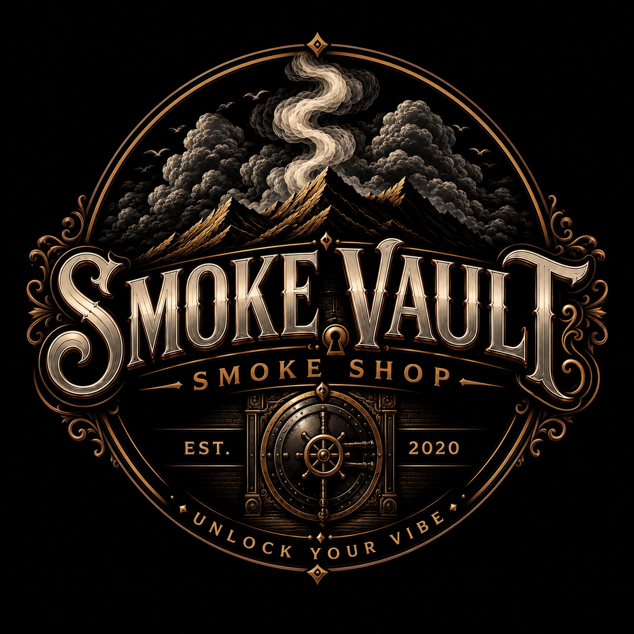Smoke Vault Smoke Shop emblem with a vault door and mountain smoke, established 2020